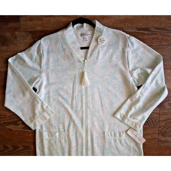 Miss Elaine 668819-125 Women's Sz M White/Blue Floral Zip-Front L/S Robe - Picture 5 of 10